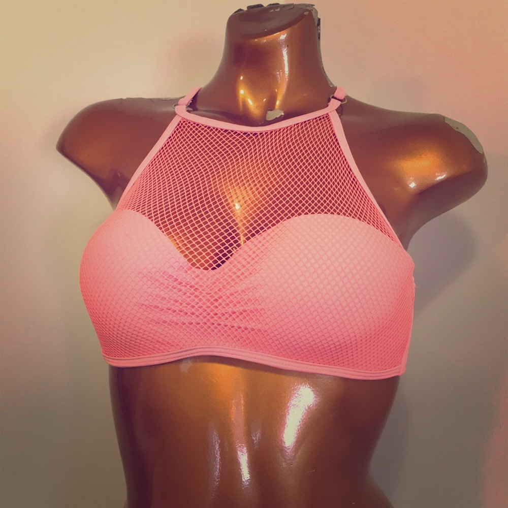Bikini top with bandeau base, mesh on top, strings